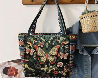 Chinese Miao Minority Intangible Cultural Heritage Embroidered Tote Bag | Bohemian Ethnic Handmade Floral & Butterfly Shoulder Bag for Women