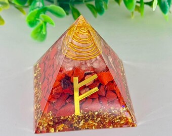 Wealth Attraction Crystal Pyramid Handmade with Gold Foil & Red Jasper – Money Manifestation Desk Decor, Feng Shui Office Ornament