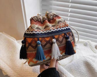 Bohemian Ethnic Miao Minority Handmade Embroidered Bag | Chinese Traditional Intangible Cultural Heritage Tassel Shoulder Bag for Women