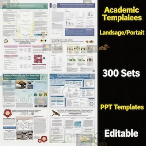 Op de afbeelding: Een verzameling academische sjablonen voor PowerPoint-presentaties. De afbeelding toont verschillende voorbeelden van de sjablonen, waaronder grafieken, grafieken en tekstindelingen. De tekst aan de rechterkant van de afbeelding luidt "Academic Templatees, Landsage/Portait, 300 Sets, PPT Templates, Editable."