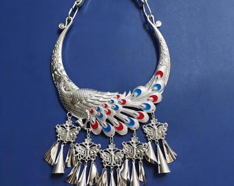 Miao Ethnic Intangible Cultural Heritage Handmade Silver-Plated Lovebird Choker | Chinese Traditional Minority Statement Collar | Bohemian