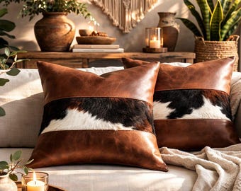 Cojines de piel de vaca y cuero hechos a mano, juego de fundas de cojín rústicas del suroeste, decoración del hogar