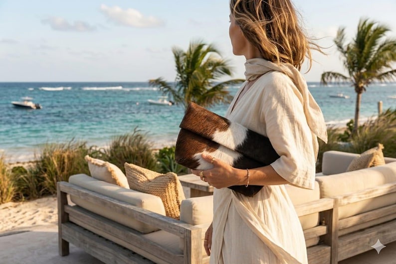 Handcrafted large leather clutch bag made from genuine tri-color hair-on-hide cowhide, featuring a modern foldover design in natural brown, black, and white tones for a western boho aesthetic. gift for her, gift for sister, gift for mother, personalized gift, custom handmade gift, trendy fashion