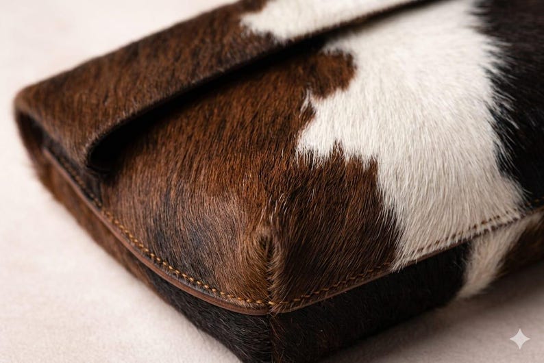 Handcrafted large leather clutch bag made from genuine tri-color hair-on-hide cowhide, featuring a modern foldover design in natural brown, black, and white tones for a western boho aesthetic. gift for her, gift for sister, gift for mother, personalized gift, custom handmade gift, trendy fashion