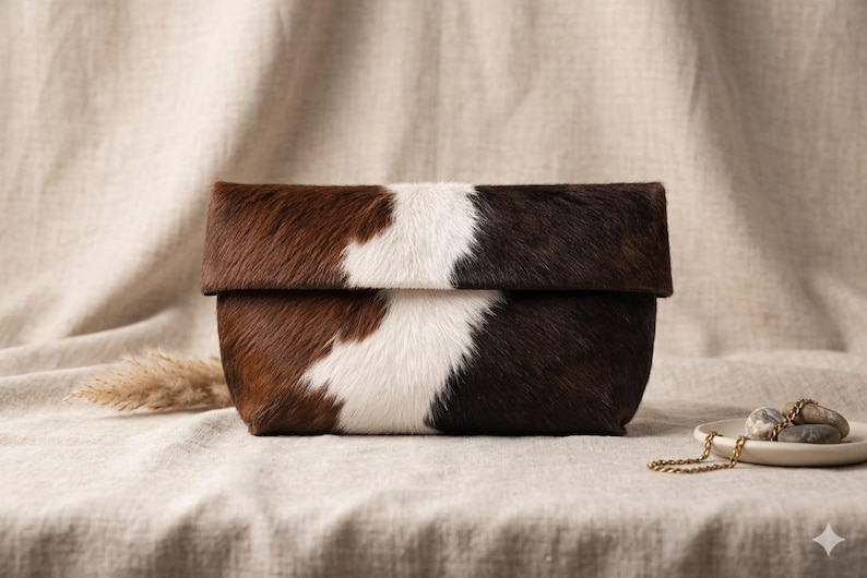 Handcrafted large leather clutch bag made from genuine tri-color hair-on-hide cowhide, featuring a modern foldover design in natural brown, black, and white tones for a western boho aesthetic. gift for her, gift for sister, gift for mother, personalized gift, custom handmade gift, trendy fashion