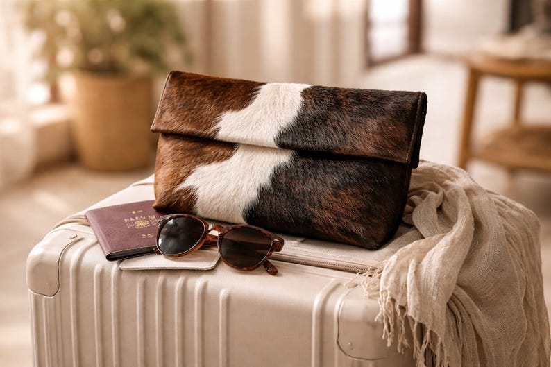 Handcrafted large leather clutch bag made from genuine tri-color hair-on-hide cowhide, featuring a modern foldover design in natural brown, black, and white tones for a western boho aesthetic. gift for her, gift for sister, gift for mother, personalized gift, custom handmade gift, trendy fashion