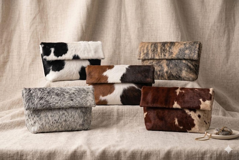 Handcrafted large leather clutch bag made from genuine tri-color hair-on-hide cowhide, featuring a modern foldover design in natural brown, black, and white tones for a western boho aesthetic. gift for her, gift for sister, gift for mother, personalized gift, custom handmade gift, trendy fashion