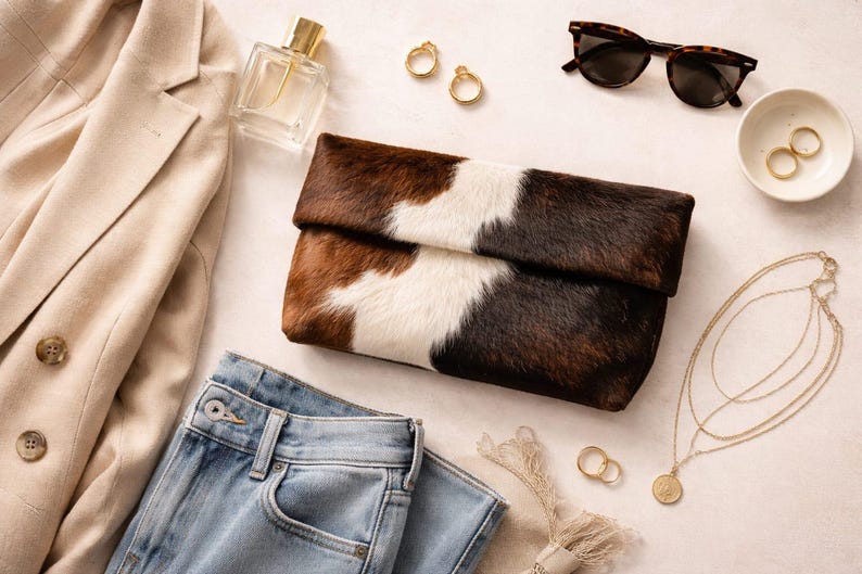 Handcrafted large leather clutch bag made from genuine tri-color hair-on-hide cowhide, featuring a modern foldover design in natural brown, black, and white tones for a western boho aesthetic. gift for her, gift for sister, gift for mother, personalized gift, custom handmade gift, trendy fashion