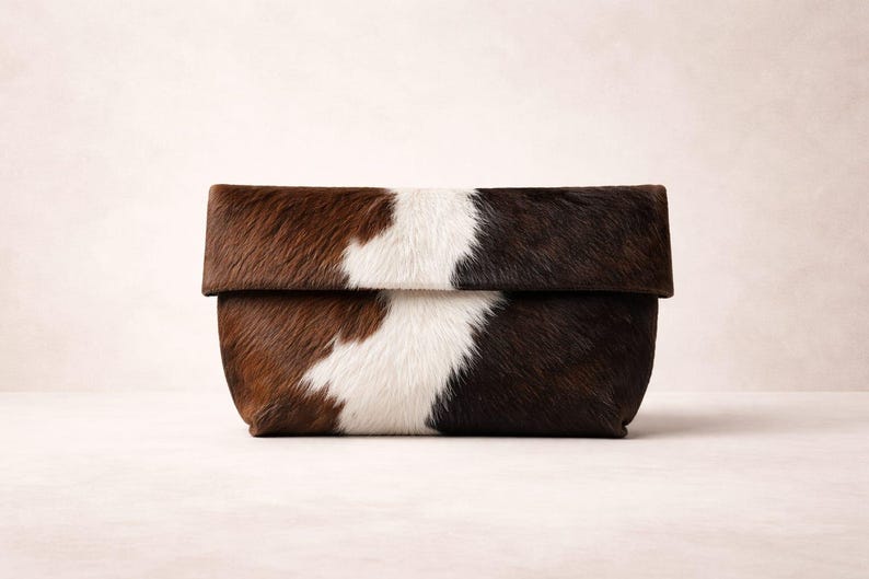 Handcrafted large leather clutch bag made from genuine tri-color hair-on-hide cowhide, featuring a modern foldover design in natural brown, black, and white tones for a western boho aesthetic. gift for her, gift for sister, gift for mother, personalized gift, custom handmade gift, trendy fashion