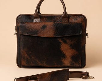Custom Cowhide Laptop Bag - Hair on Crossbody Messenger Bag - Leather Briefcase for Women & Men