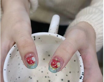 Cute cartoon cat-eye nail stickers, almond nail art/flower nail art, birthday nail art