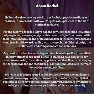 Puede incluir: Texto sobre fondo morado: "Acerca de Rachel." Rachel, m&eacute;dium ps&iacute;quica y lectora de tarot apasionada con m&aacute;s de 20 a&ntilde;os de experiencia, ofrece orientaci&oacute;n espiritual y consultas, con sede en Londres.
