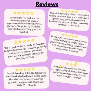 Puede incluir: Un gr&aacute;fico lila con la palabra "Reviews" en la parte superior. La imagen presenta seis burbujas de di&aacute;logo blancas con testimonios de clientes y valoraciones con estrellas doradas. Las rese&ntilde;as elogian la precisi&oacute;n y la perspicacia de las lecturas.