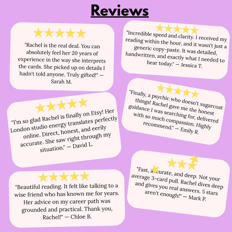 Puede incluir: Un gr&aacute;fico lila con la palabra "Reviews" en la parte superior. La imagen presenta seis burbujas de di&aacute;logo blancas con testimonios de clientes y valoraciones con estrellas doradas. Las rese&ntilde;as elogian la precisi&oacute;n y la perspicacia de las lecturas.