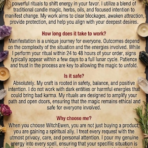 May include: A parchment-style Q&A information sheet titled Spells by WitchEwen. The text details ritual services, timelines, safety, and practitioner philosophy. It is decorated with lavender, dried roses, crystals, and a gold crescent moon.