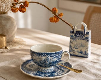 Blue and White Porcelain Teacup and Saucer Set, Vintage Underglaze Ceramic Tea Cup, 200ml Tea Lover Gift, Cottage Tea Decor