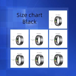 May include: A size chart for black smart rings, with measurements in inches. The chart displays rings in various sizes, labeled US7 to US13, with inner diameter measurements. Each ring has a digital display with green and red lights.