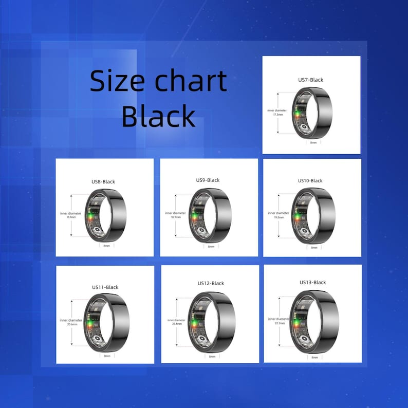 May include: A size chart for black smart rings, with measurements in inches. The chart displays rings in various sizes, labeled US7 to US13, with inner diameter measurements. Each ring has a digital display with green and red lights.
