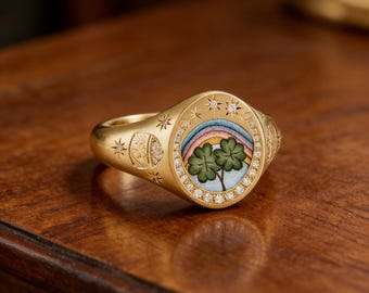 Enamel Four-Leaf Clover Adjustable Ring, Gold Lucky Open Band