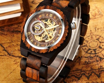 Reloj mecánico de madera para hombre, correa de madera grabada, esfera esqueletizada.