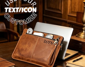 Gepersonaliseerde lederen laptophoes 13 inch, aangepaste naam lederen laptophoes, vintage Crazy Horse lederen MacBook hoes cadeau