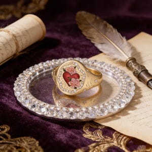 Gold enamel signet ring, customizable engraving: Adjustable gift ring - personalized text or symbols - Valentine's Day gift.