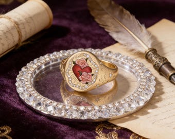 Gold enamel signet ring, customizable engraving: Adjustable gift ring - personalized text or symbols - Valentine's Day gift.