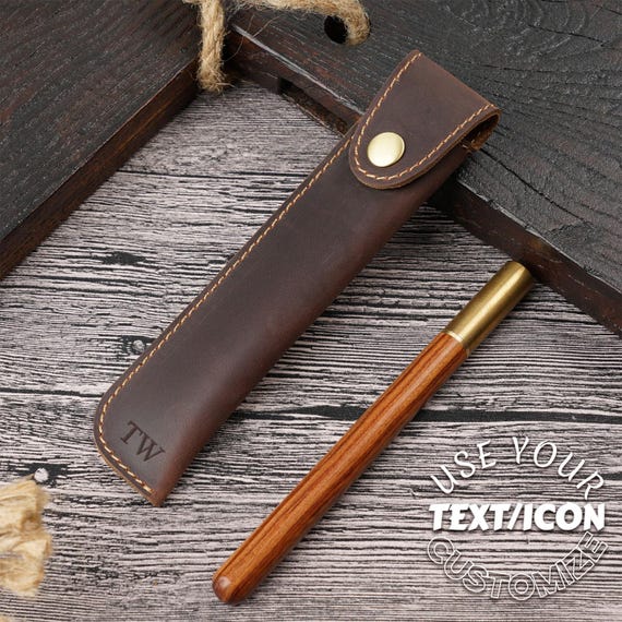 Personalized Handmade Leather Pen Case with Button Closure | Full Grain Cowhide Pen Holder