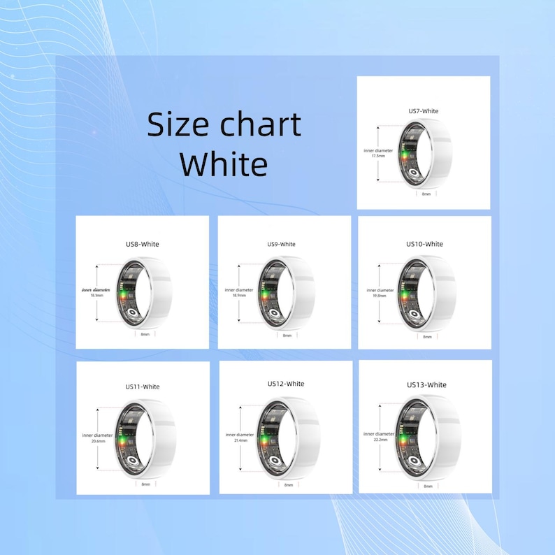 May include: A white smart ring size chart with measurements in inches. The chart includes sizes US7 through US13, each displaying the inner diameter and width of the ring. The text "Size chart White" is at the top.