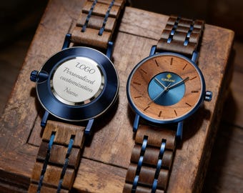 Reloj de madera para hombre y mujer – Reloj de pulsera de cuarzo estilo bambú natural de 41 mm – Regalo personalizado y grabado