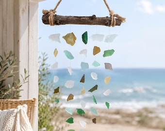 Handmade Sea Glass Wind Chime, Driftwood Coastal Wall Hanging, Beach House Decor, Ocean Inspired Boho Gift