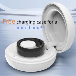 May include: A white charging case with a black ring and a white center. The case is open, revealing the interior. Text on the image reads "Free charging case for a limited time!!!"