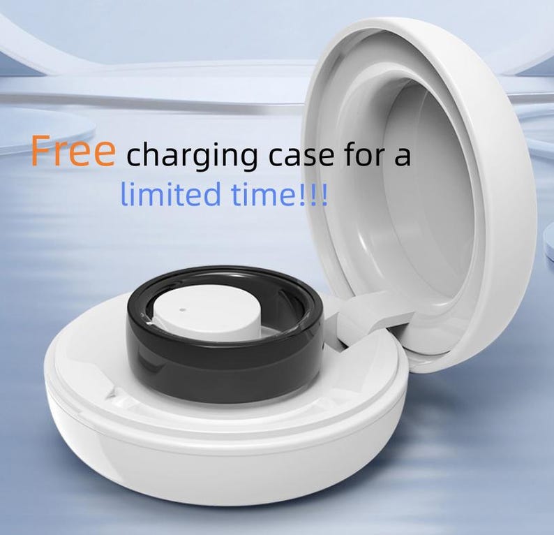 May include: A white charging case with a black ring and a white center. The case is open, revealing the interior. Text on the image reads "Free charging case for a limited time!!!"