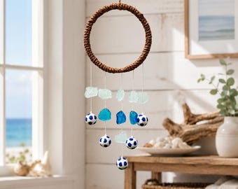 Handmade Sea Glass Soccer Wind Chime, Coastal Hanging Decor, Football Fan Gift, Beach House Ornament, Game Day Room Decor