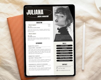 Peut inclure: Un CV de marketing numérique affiché sur une tablette. Le CV présente le nom "JULIANA" et énumère l'éducation, l'expérience et les compétences. Une photo d'une femme est sur le côté droit du CV. Un stylet et un carnet sont également dans l'image.