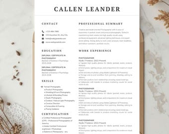 May include: A resume for Callen Leander, a photographer, is displayed on a white sheet of paper inside a brown envelope. The resume lists contact information, education, skills, and work experience, including photography for clients.