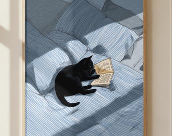 Black Cat Reading Book Wall Art, Cozy Bedroom Cat Print, Book Lover Gift