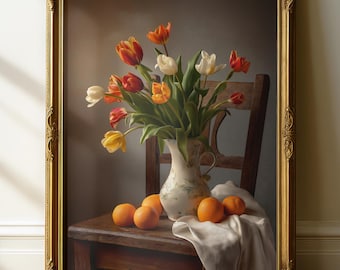 Vintage Tulip Still Life Print, Rustic Floral Oil Painting Style