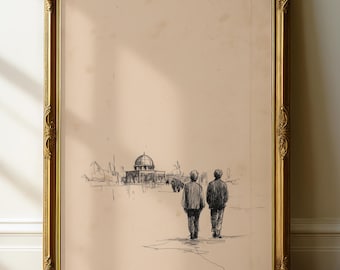Puede incluir: Un boceto a lápiz enmarcado de dos personas caminando hacia un edificio con cúpula. La obra de arte está en un marco dorado ornamentado, apoyado contra una pared blanca y un suelo de madera. El boceto es en blanco y negro.