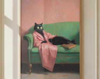 Black Cat Spa Art Print – Funny Cat Wall Art with Cucumber Eyes – Oil Painting Style Pet Decor – Cat Lover Gift