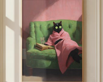 Black Cat Spa Art Print – Funny Cat Wall Art with Cucumber Eyes – Oil Painting Style Pet Decor – Cat Lover Gift