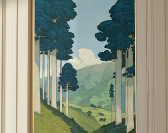 Japanese Landscape Wall Art Print, Vintage Woodblock Forest Illustration, Ukiyo-e Style Mountain Scenery Poster, Serene Home Decor