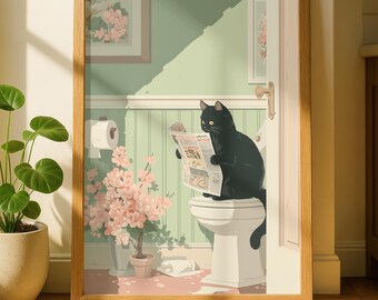 Japanese Black Cat Toilet Art Print – Funny Bathroom Wall Art – Whimsical Bathroom Decor – Cat Decor for Bathroom