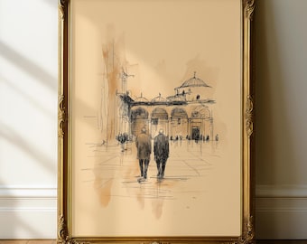 Umayyad Mosque Damascus Wall Art Print, Islamic Architecture Sketch, Minimalist Mosque Poster, Damascus Syria Art, Islamic Home Decor
