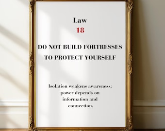 Arte mural de la Ley 18: No construyas fortalezas para protegerte. Póster motivacional inspirado en las 48 leyes. Decoración minimalista para oficinas.