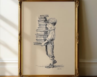 Boy Carrying Books Print – Minimalist Black & White Ink Sketch Wall Art – Book Lover Gift
