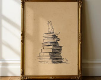 Reading Cat Wall Art, Book Lover Gift, Cat Sitting on Books Print, Library Decor, Vintage Sketch Cat Illustration, Animal Lover Print