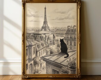 Black Cat Paris Rooftop Print, Eiffel Tower Vintage Sketch Wall Art, French Cityscape Pencil Drawing Poster, Sepia Skyline Home Decor Gift