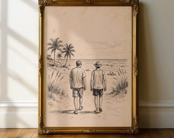 Tropical Beach Wall Art, Coastal Pen Ink Sketch Print, Palm Trees Sepia Poster, Vintage Summer Home Decor, Seaside Travel Lover Gift