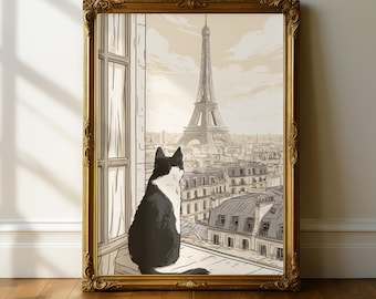 Tuxedo Cat Paris Wall Art, Eiffeltoren raamweergave print, Franse daken lijntekening poster, zwart witte kattenliefhebber cadeau, decor appartement